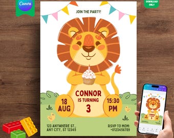 Lion Birthday Invitation: Editable Canva Template, Calling All Animals Party, Instant Download