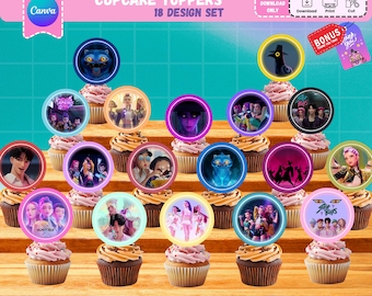 K-POPカップケーキトッパー、印刷可能な誕生日パーティーデコレーション、K-POPアニメテーマの記念品、すぐにダウンロード可能 + 編集可能なタグ