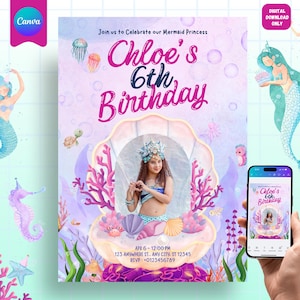 Mermaid Party Bash, Mermaid Party Invites, Mermaid Tail Birthday Invitation, mermaidparty, Custom Photo Invite, Editable Canva Template