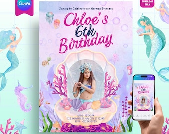 マーメイドパーティー、マーメイドパーティー招待状、マーメイドテールの誕生日招待状、マーメイドパーティー、カスタム写真招待状、編集可能なCanvaテンプレート