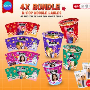 Op de afbeelding: Een bundel K-Pop noodle labels met de tekst "4X BUNDLE" en "K-POP NOODLE LABLES BE THE STAR OF YOUR OWN NOODLE CUPS II". De labels hebben kleurrijke ontwerpen met de namen Mira, Rumi, Emma en Zoey. De afbeelding bevat ook twee bonuspakketten.