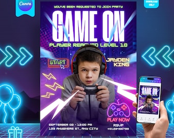 ビデオゲームの誕生日招待状：ネオンアーケードパーティー、ゲーマー向け男の子向け招待状、Canvaテンプレート、デジタルダウンロード