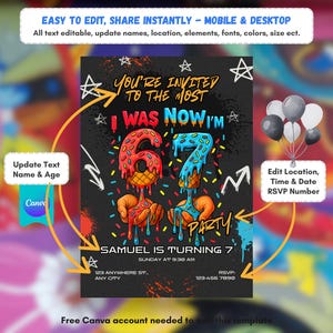 以下が含まれることがあります： 「You're Invited to the Most I Was Now I'm 67 Party」のテキストが入った、カラフルな誕生日パーティーの招待状。ドーナツ型の数字、風船、7歳になる「Samuel」の名前がデザインされています。招待状はCanvaで編集可能です。