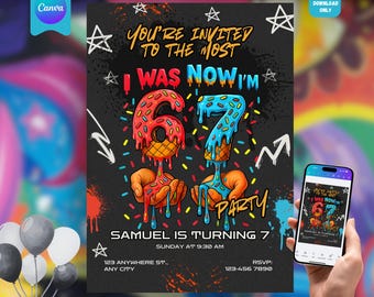 編集可能な6～7歳の誕生日招待状、67 Brainrot、ミームトレンドの6～7歳の誕生日パーティー招待状、7歳の誕生日、編集可能なテンプレート