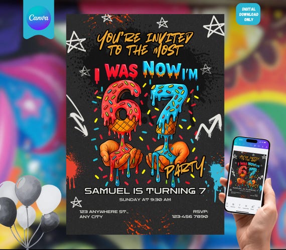 Editable 6-7 Birthday Invitation, 67 Brainrot, Meme Trending Six Seven Party Invite, 7th Birthday, Editable Template