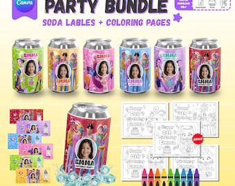編集可能なKポップソーダ缶ラップ、アニメ塗り絵、ソーダラベルテンプレート、子供の誕生日アクティビティ、印刷可能なパーティーの記念品