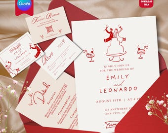 モダンでミニマルな結婚式招待状テンプレート：結婚式セット、編集可能な返信カードと詳細カード（即時ダウンロード）