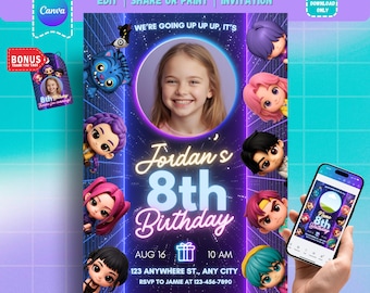 Kポップ誕生日写真招待状、編集可能なCanvaテンプレート、カスタム写真タグ、印刷可能なKポップパーティーの記念品