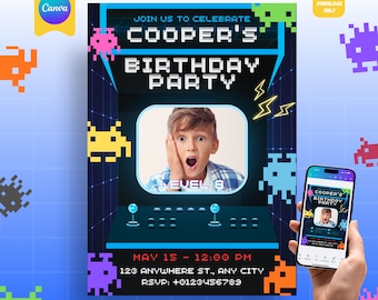 アーケード誕生日招待状：ビデオゲームパーティー招待状、レベルアップ誕生日招待状、ネオンゲーマーボーイ、編集可能なCanvaテンプレート