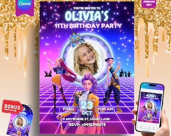 編集可能なKpop Demon Hunter 誕生日招待状テンプレート、Kpop Warriors、カスタム写真招待状、即時ダウンロード + ボーナスタグ