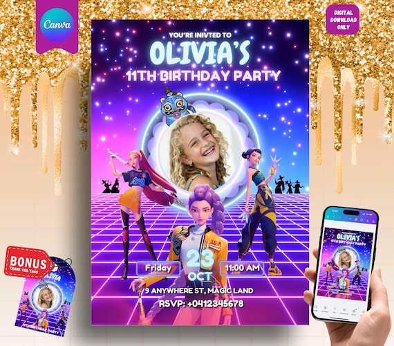 Editable Kpop Demon Hunter Birthday Invitation Template, Kpop Warriors, Custom Photo Invite, Instant Download + Bonus Tags