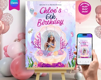 マーメイドウェルカムサイン、マーメイドバッシュパーティー、海底バースデーポスター、編集可能なテンプレート、デジタルダウンロード