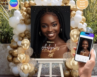 Digital Welcome Birthday Sign, Editable Canva Template, Printable Welcome Sign, Gold Birthday Wall Art (Sizes 16x20, 18x24, 24x36)