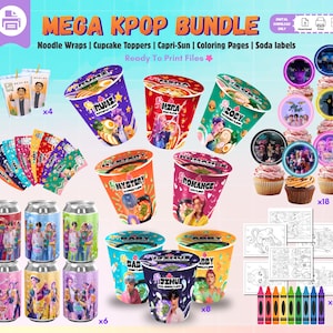 Kpop Bundle, Ramen Cup Noodle Labels Ramyeon, Soda Can Wraps, Cupcake Toppers, Anime Printable Party Favors