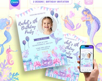 マーメイドテールの誕生日招待状、マーメイドパーティー招待状、海底誕生日招待状、カスタム写真招待状、編集可能なテンプレート