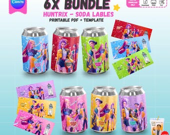 Kpop Demon Huntersソーダ缶ラベル、Huntrixバースデーパーティーソーダポップラッパー、Capri Sunポーチラベル、印刷可能なPDFとCanvaテンプレート
