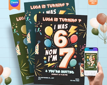 6歳から7歳までの誕生日招待状：6歳だった私、今は7歳！パーティー招待状、6～7歳招待状、3色セット、デジタルダウンロード
