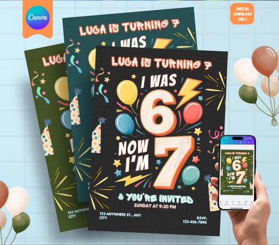 Six Seven Birthday Invitation: I was 6 now I'm 7 Party Invite, 6-7 invite, 3 Colors Set, Digital Download