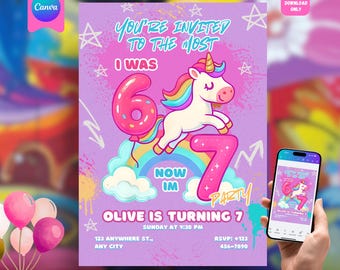 6～7歳の女の子向け誕生日招待状、編集可能なミームを使った6～7歳の誕生日パーティー招待状、67歳のお子様向け誕生日デジタルテンプレート