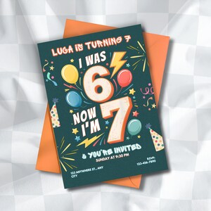 Invitation anniversaire six, sept ans : J'avais 6 ans maintenant j'ai 7 ans, invitation 6-7 ans, jeu de 3 couleurs, téléchargement numérique image 8