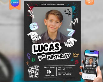 6歳から7歳までの誕生日招待状、6歳から7歳までのパーティー、編集可能な6～7歳向け招待状、デジタルダウンロード