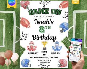 Football Birthday Invitation: Printable American Football Birthday Party, Editable Sports Invite Template, Game-On