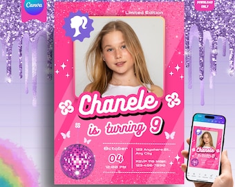 編集可能なピンクの人形の誕生日招待状、カスタム写真人形ボックス招待状、印刷可能な女子会招待状、Canvaテンプレート