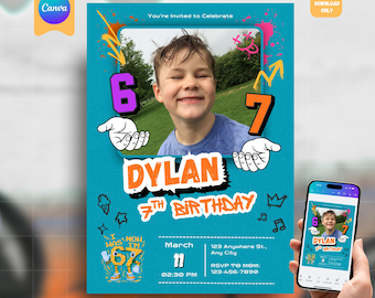 6～7歳の誕生日招待状（ミーム）、6～7歳の招待状、Brainrotバースデーカード、6歳だった私は7歳になりました、編集可能なパーティーテンプレート