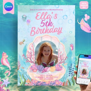 Magical Mermaid in Shell Theme Girl Invite: Custom Photo invitation, Editable Template