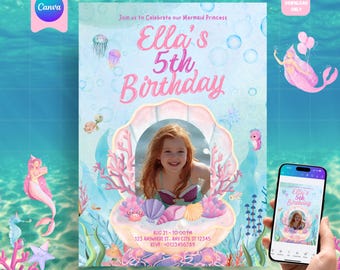貝殻の中の魔法の人魚をテーマにした女の子の招待状：カスタム写真招待状、編集可能なテンプレート