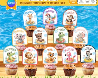 パーティーアニマルカップケーキトッパー：編集可能なプールパーティーデコレーション（デジタルテンプレート）