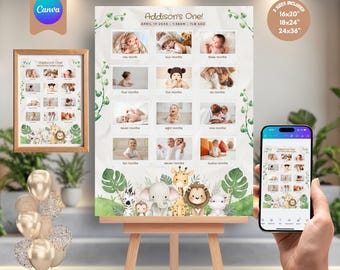 赤ちゃんの1歳の誕生日を祝うポスターテンプレート（印刷可能）、誕生日のマイルストーンボード、赤ちゃんの1歳の誕生日、写真コラージュサイン