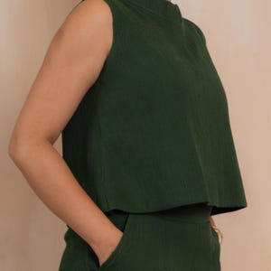 Dark Green Sleeveless High Neck Top | Women’s Minimalist Blouse with Back Button | Elegant Casual Summer Wear top for women gift