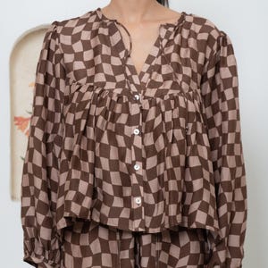 Brown Checkered Peasant Blouse – Boho Button-Up Flowy Top, Lightweight Puff-Sleeve Shirt top Perfect Gift For Birthday
