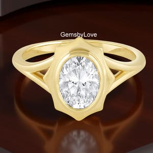 Classic Chunky Bezel Set With Split Shank Ring, 2.50 CT Oval Cut Moissanite Proposal Ring In 14K Yellow Gold, Single Diamond Ring For Women