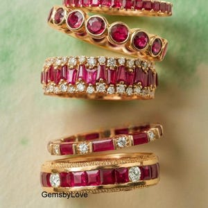 2MM Princess Cut Pink Ruby Gemstone Band, Bar Set Baguette & Round Stone Full Eternity Band, Three Row Pave Band In 14k Gold,Channel Setting