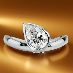 Bezel Set Offset Diamond Solitaire Ring, Tilted Style 9x6 MM Pear Cut Lab Grown Diamond Proposal Ring, 18K White Gold Ring, Curved Band Ring