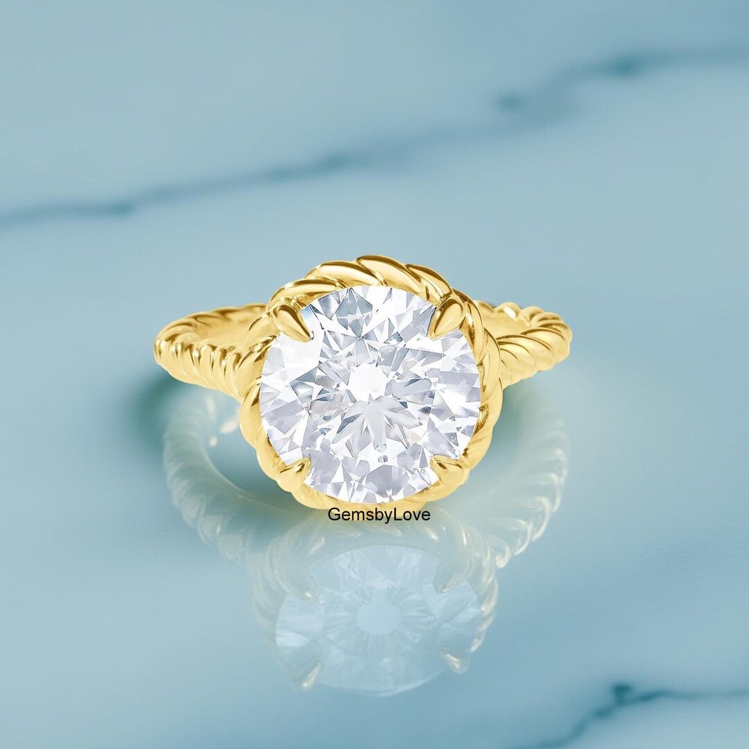 14k Yellow Gold Rope Style Ring, 9mm Round Cut Moissanite Anniversary ...