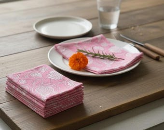 Pink Floral Block Print Cotton Napkins – Handmade Boho Decor