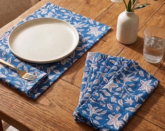 Blue Hand Block Print Napkins Cotton Reusable Dinner Napkins Boho Table Decor Handmade Cotton Napkins Farmhouse Table set