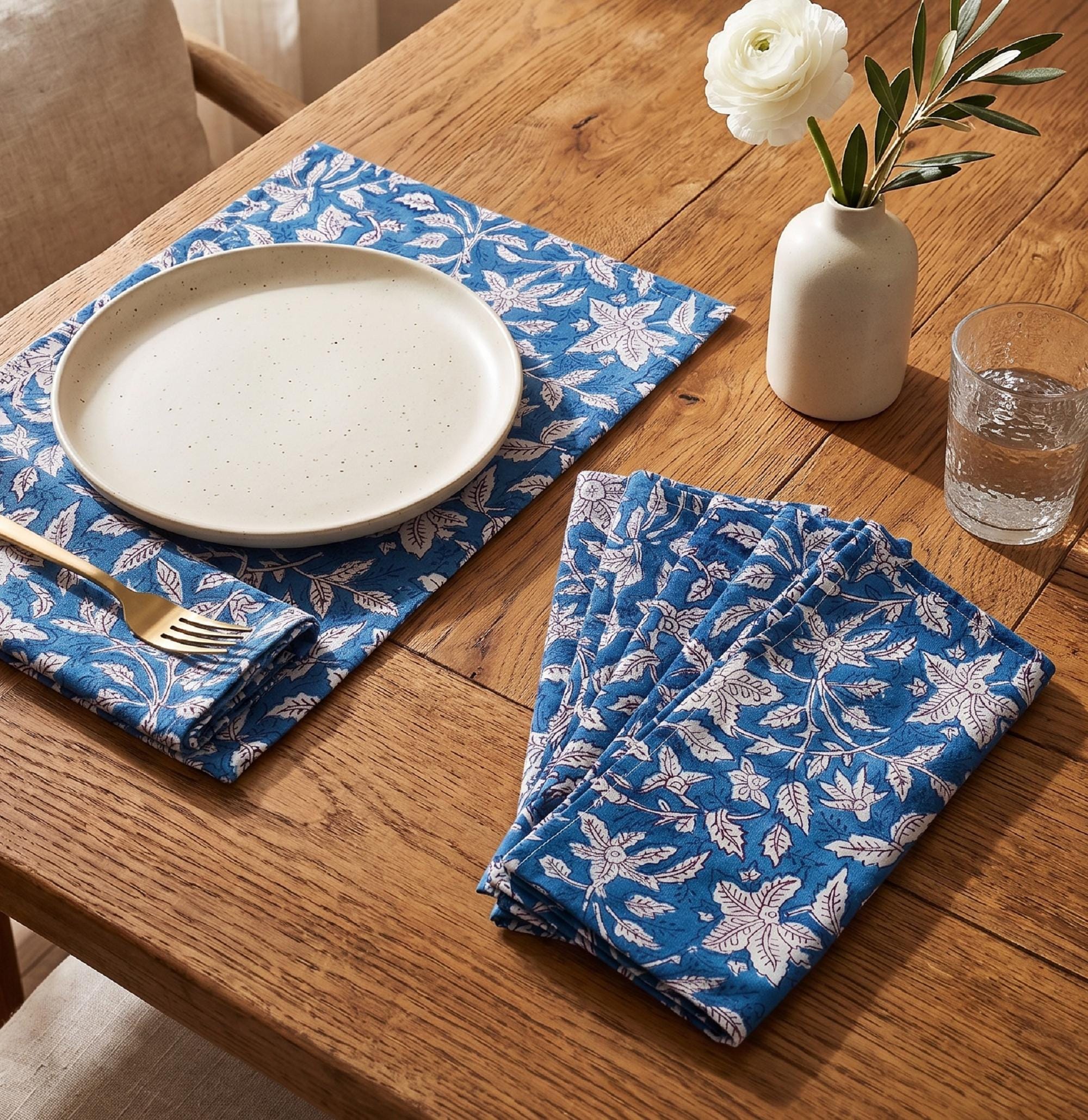 Blue Hand Block Print Napkins Cotton Reusable Dinner Napkins Boho Table Decor Handmade Cotton Napkins Farmhouse Table set
