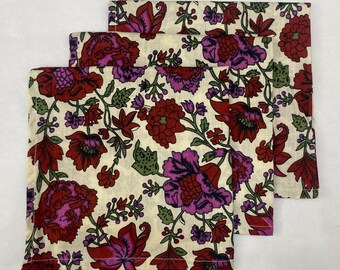 Hand Block Printed Cotton Napkins: Red Pink Floral Dining Decor