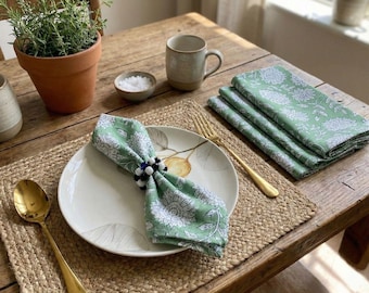 Guardanapos de algodão com estampa em blocos verde-sálvia, guardanapos de mesa para jantar indiano.
