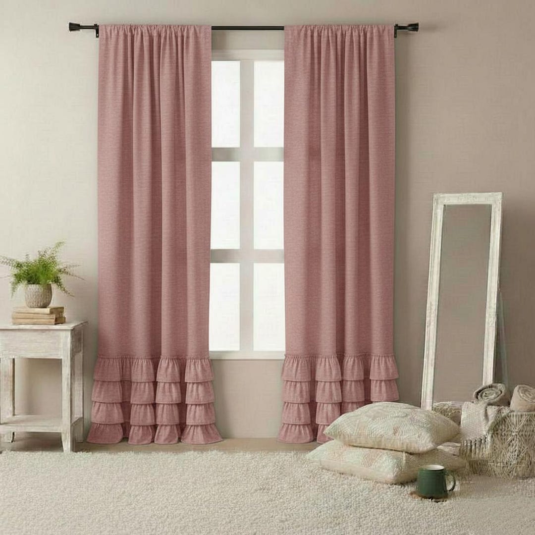 Dusty Rose Linen Curtains With Ruffle Bottom, Shabby Chic Pink Window ...