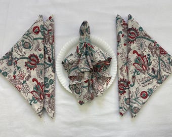 Hand Block Printed Table Napkins, Floral Print Napkins, Reusable Dinner Napkins100% Cotton Table Napkins for Everyday & Festive Dining