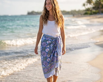 Blue Floral Cotton Sarong Wrap Skirt for Women, Hand Block Print Beach Pareo, Swimsuit Cover Up, Boho Resort Wear, Vacation Beach Wrap,