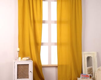 Mustard Yellow Curtain 2Panels, Solid Color Linen Drapes, Minimal Window Decor, Handmade Linen Drapes, Boho Home Style
