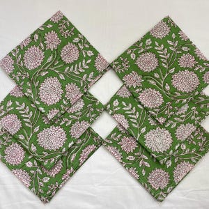 Napkins, Light Green Indian Floral Hand Block Printed Cotton Cloth Napkins, Wedding Event Home