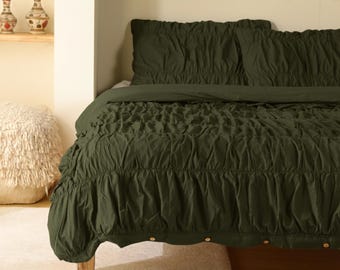 Dark Olive Green Linen Duvet Cover, Washed Linen Bedding, Natural Linen Bed Cover, Minimalist Bedroom Decor Luxury romantic Duvet Cover