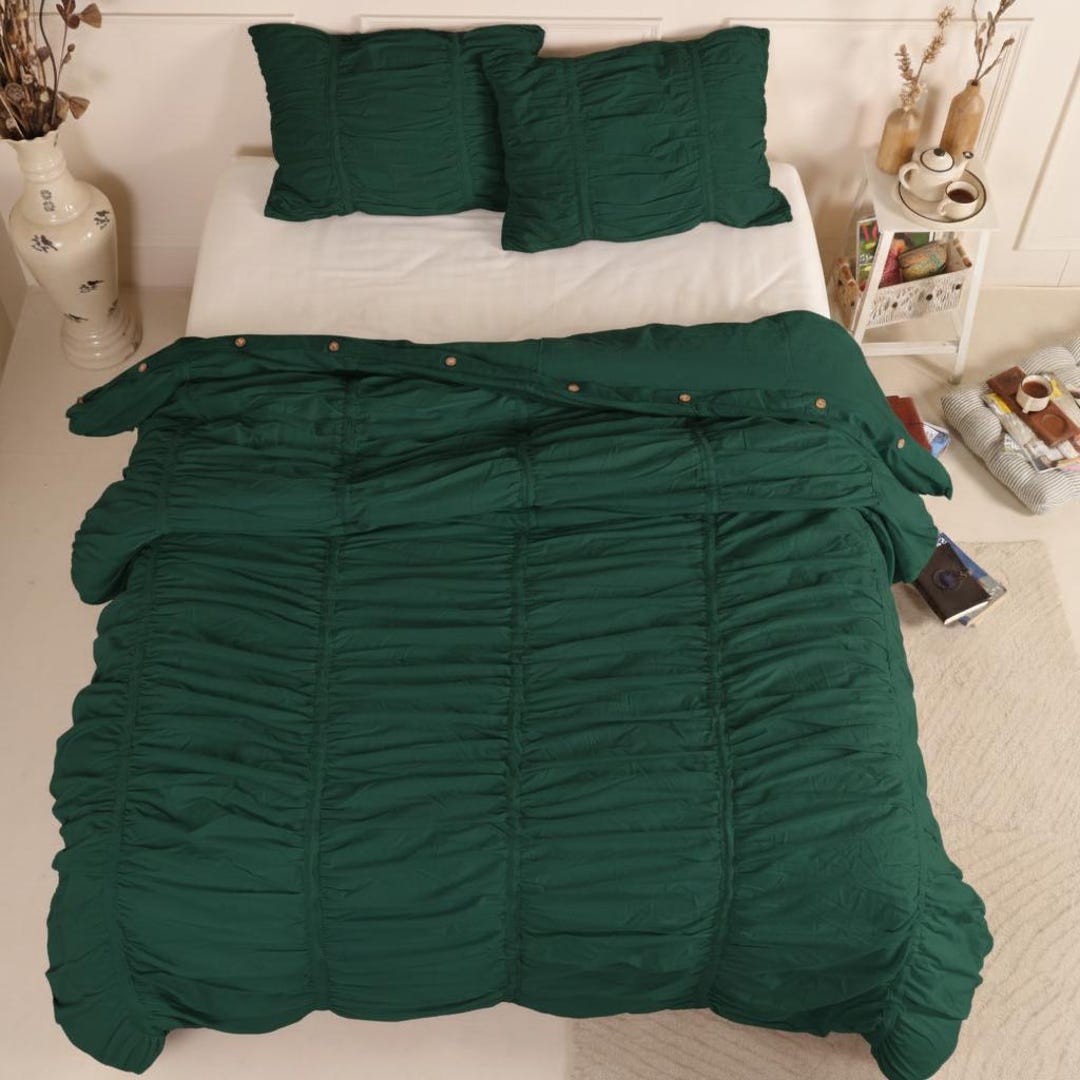 Dark Green Ruffle Linen Duvet Cover Coquette Style Bedding Wrinkle ...